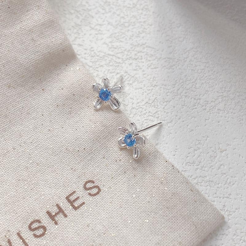 S999 Sterling Silver Blue Zircon Flower Stud Earrings for Women - Niche Design, Luxurious, Versatile Pure Silver