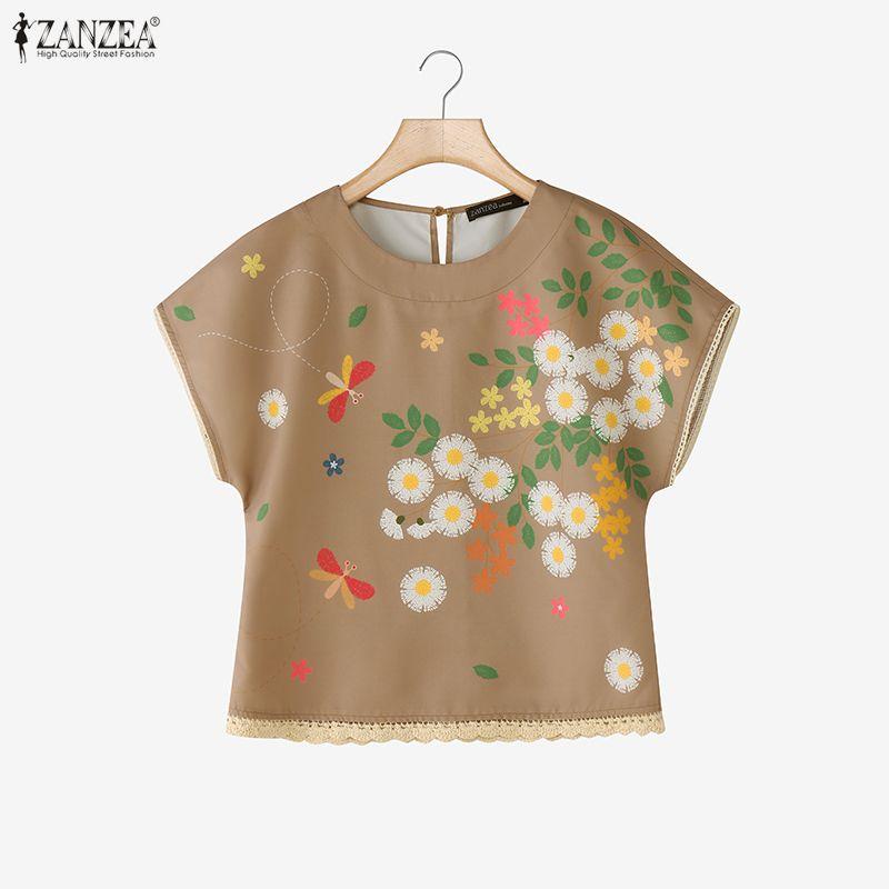 ZANZEA Blusa feminina casual de verão com decote redondo e manga curta floral