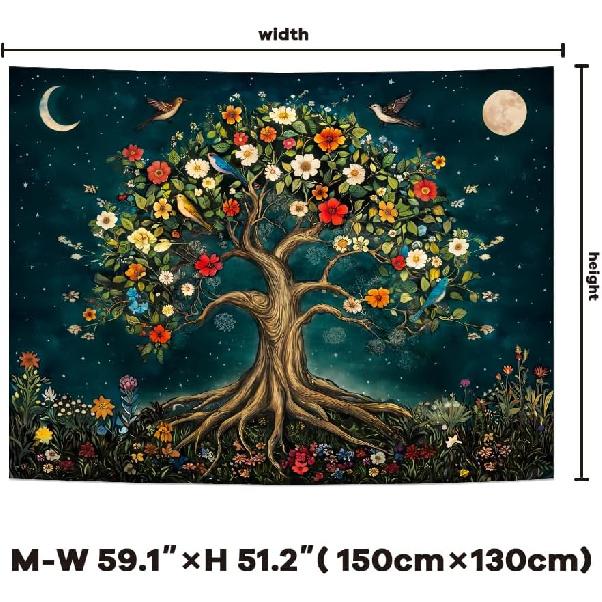 Amtoodopin Tree of Life Tapestry Mystic Boho Flowers Tapestry Vintage Aesthetic Tree Wall Tapestries Retro Nature Floral Plants Tapestries Wall