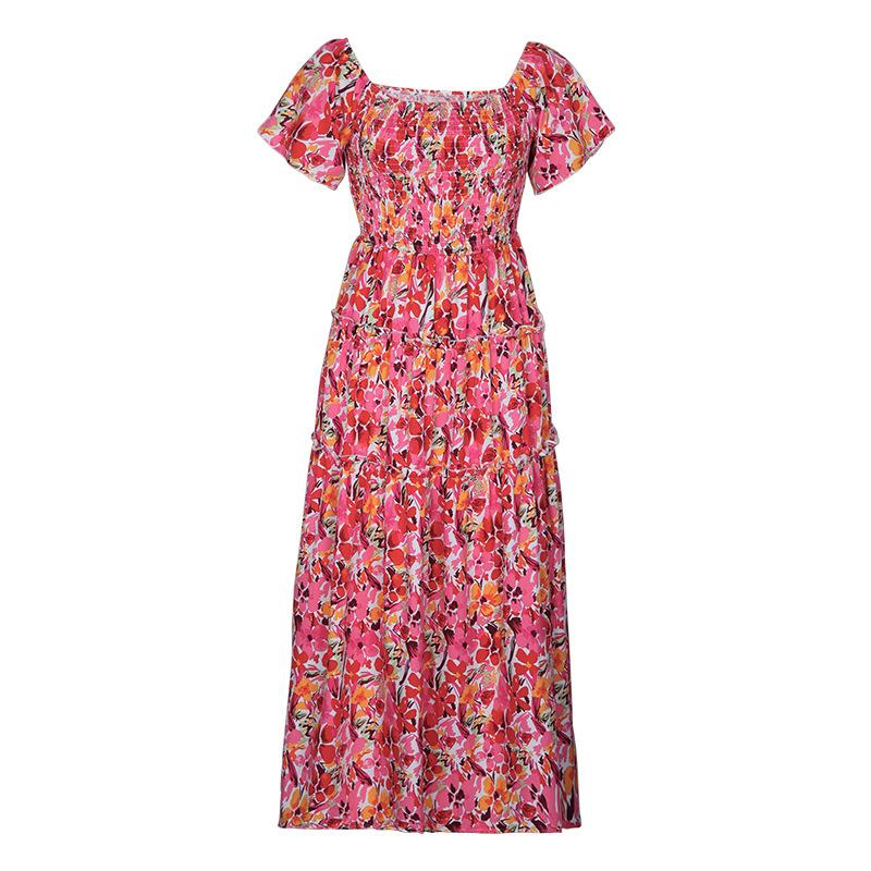 YYFS Women's Fashion Summer Flower Pattern Print Short Sleeve One Shoulder Middle Waistline Casual Dresses