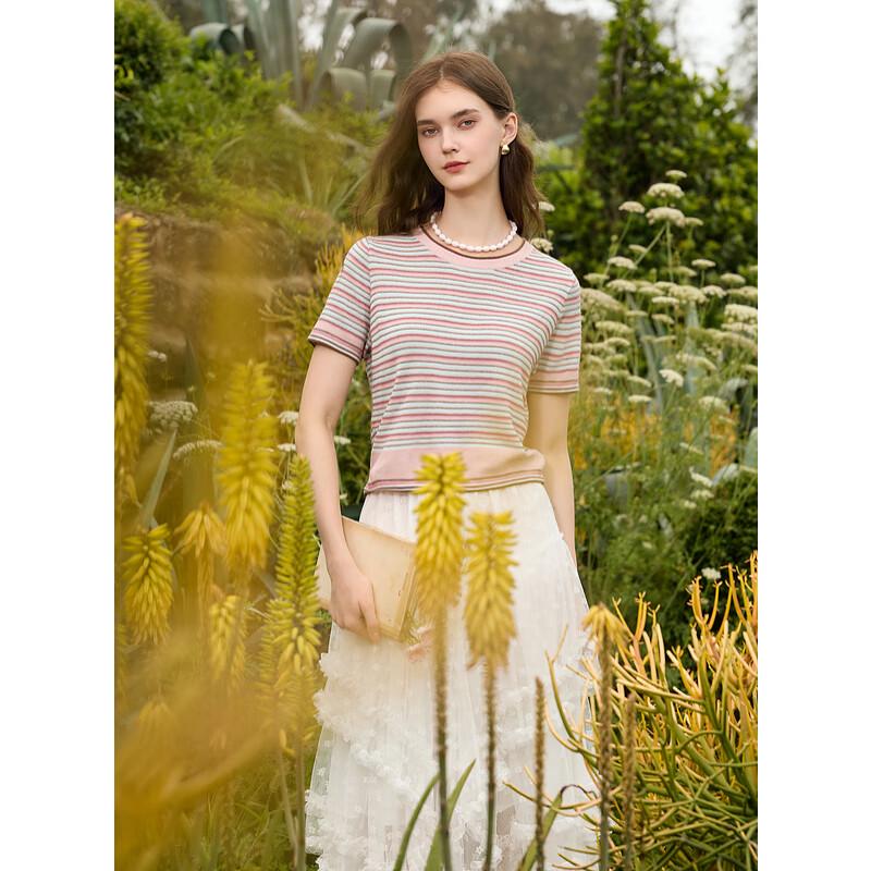 

Sancai 2025 Summer Striped Knit Short Sleeve Pullover S