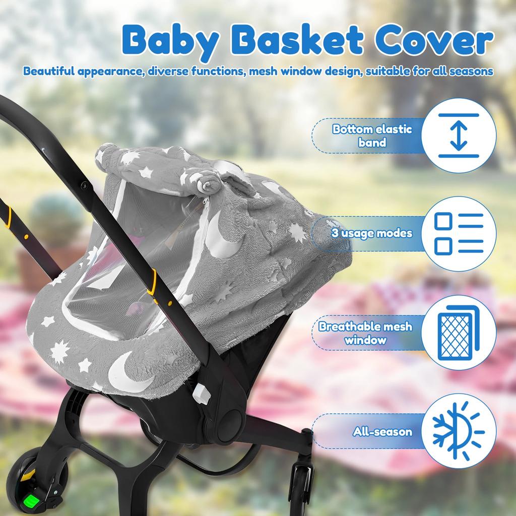 Universal Baby Car Seat Cover Soft Flannel Baby Basket Cover with Breathable Mesh Window Baby Stroller Cover for Newborn Infant