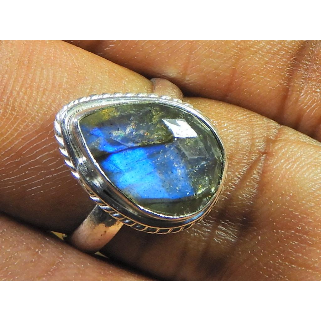 

Natural Labradorite 925 Sterling Silver Pear Handmade Vintage Ring US-7.5 MK-78