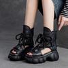 Johnature Retro Hollow-out Peep Toe Roman Sandals Fashionable Front Lace Up Women's Platform Shoes