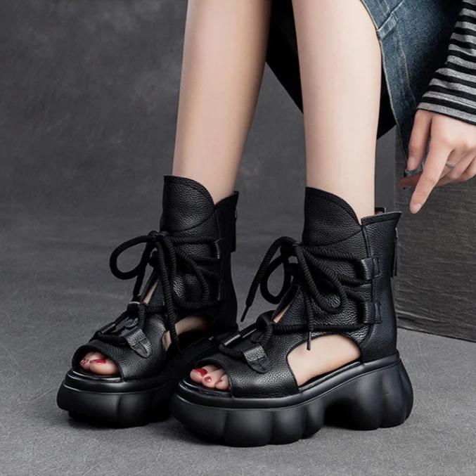 Johnature Retro Hollow-out Peep Toe Roman Sandals Fashionable Front Lace Up Women's Platform Shoes