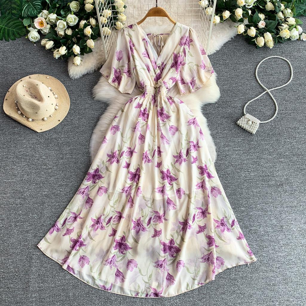 Seaside vacation dress women's summer new sexy V-neck waist and thin long chiffon floral beach dress