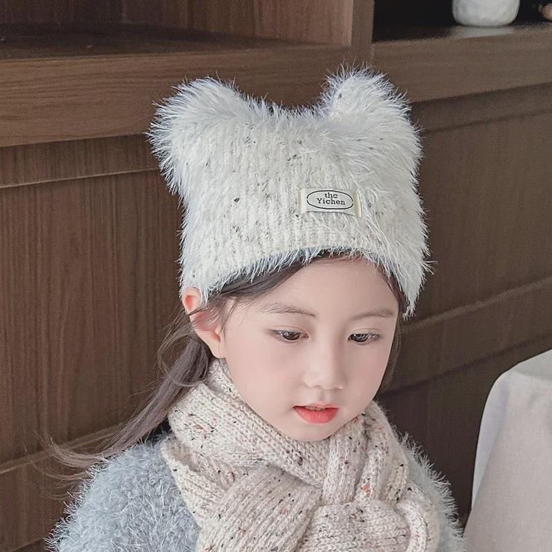 "Kids' Cute Cat Ears Plush Wool Hat - Cozy, Warm, and Stylish for Autumn and Winter"
