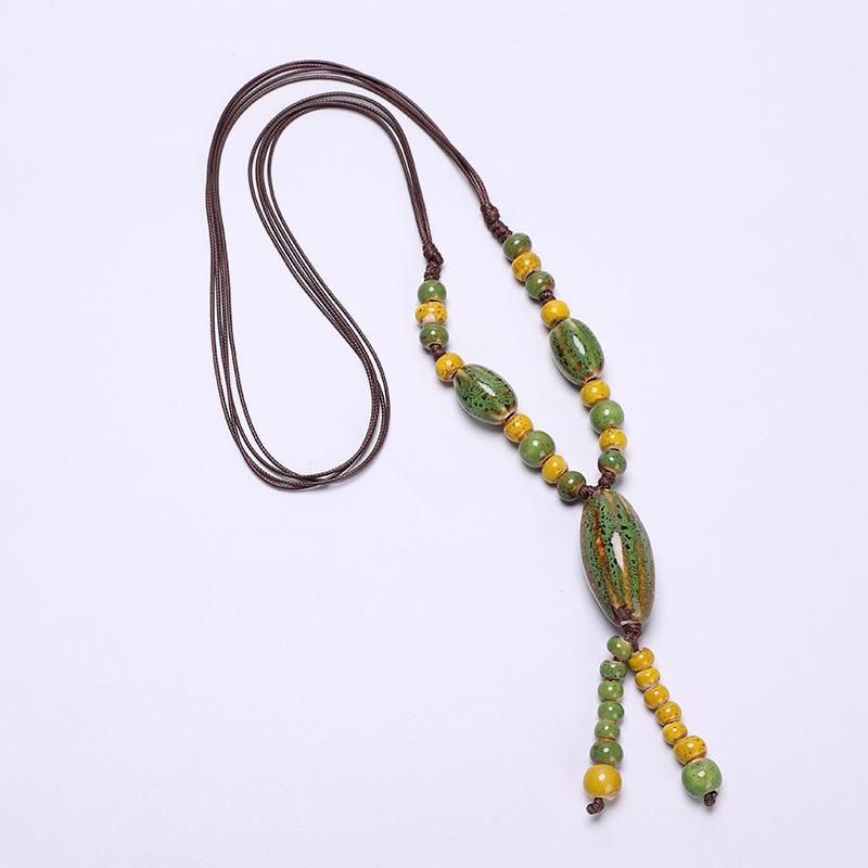 JMXD-ethnic Style Ceramic Necklace, Hand-woven Knotted Beaded Rope Chain, Non-fading Sweater Chain