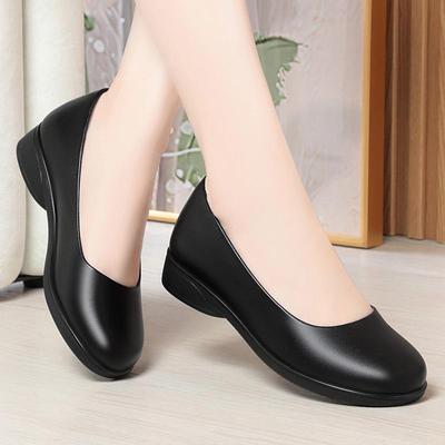 Women's Black Leather Non-Slip Flat Work Shoes - Comfortable Round Toe Design for Long Standing Hours, Soft Sole Professional Footwear.