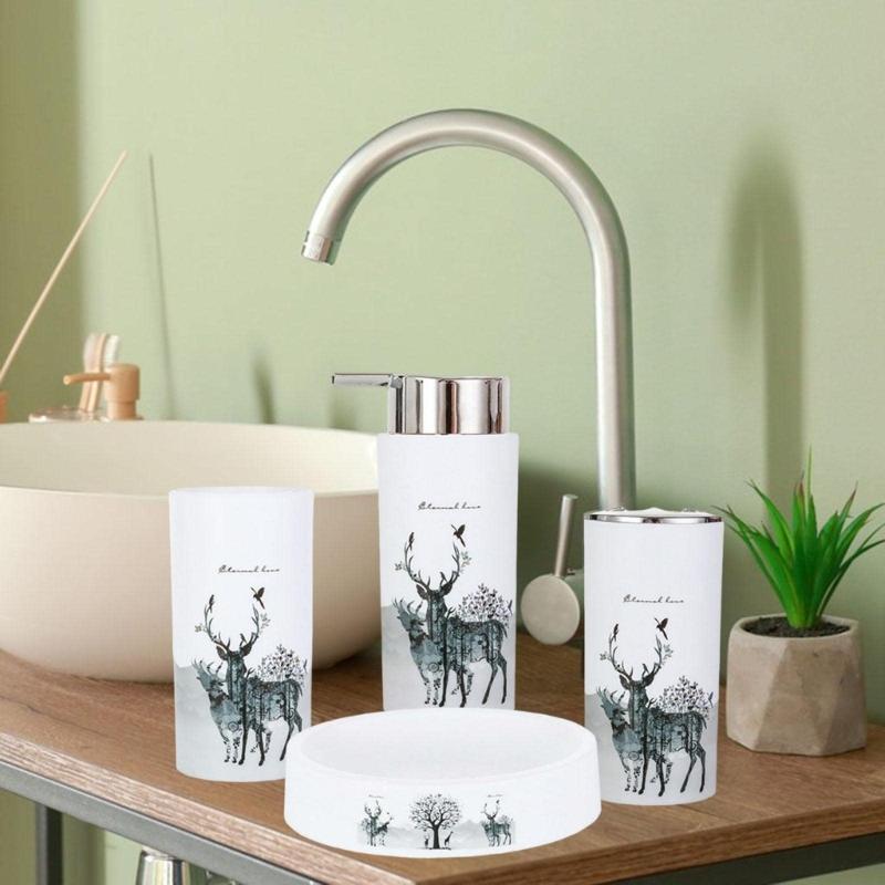 4er-Set Badezimmer-Organizer mit Hirschmotiv, inklusive Zahnbürstenbecher, Seifenschale und Flüssigseifenspender für das Badezimmer zu Hause