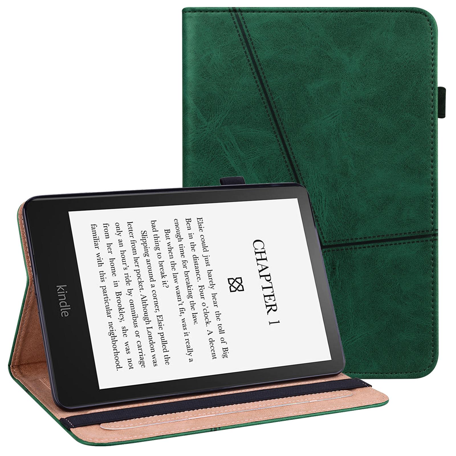 

For Amazon Kindle Paperwhite (2024) Case PU Leather Line Imprinted Cover with Elastic Band Green