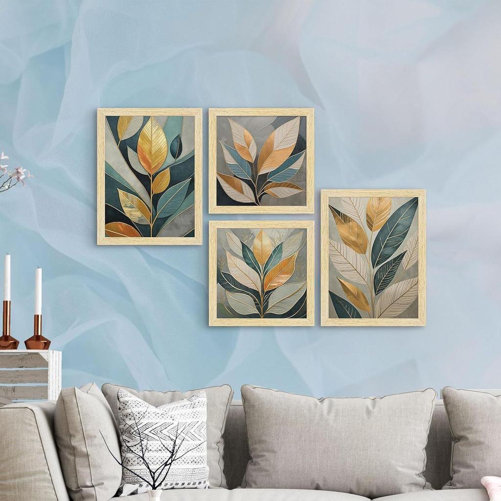 Paper Golden Leaves Botanical Art Paintings With Frame for Home Decor, Wall Painting for Living Room, Multicolor, Set of 4