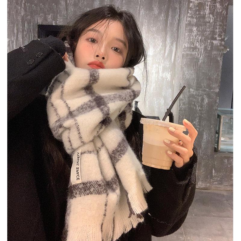 COISINI Mohair Plaid Scarf Women's Winter New Korean Version Versatile Thickened Warm Scarf Shawl