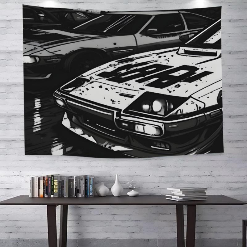 VIKAMA Black  White Racing Car Tapestry Vintage Sports Car Wall Hanging for Living Room Dorm Game Room Automotive Decor