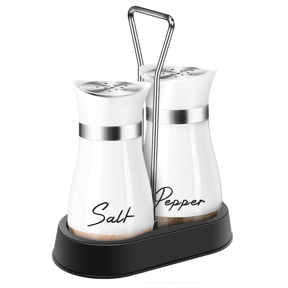 2Pcs/Set Salt & Pepper Kitchen Glass Spice Bottle Refillable Black Condiment Jar with Pour Holes with Rack Spice Dispenser