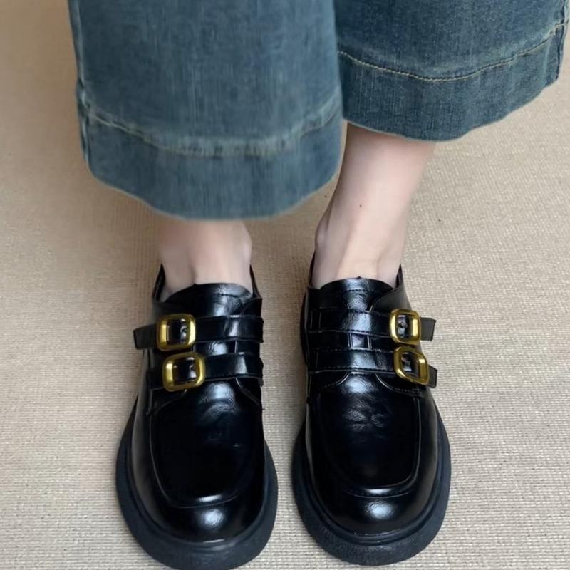 Platform spring new round head versatile retro British thick heel Mary Jane small leather shoes women