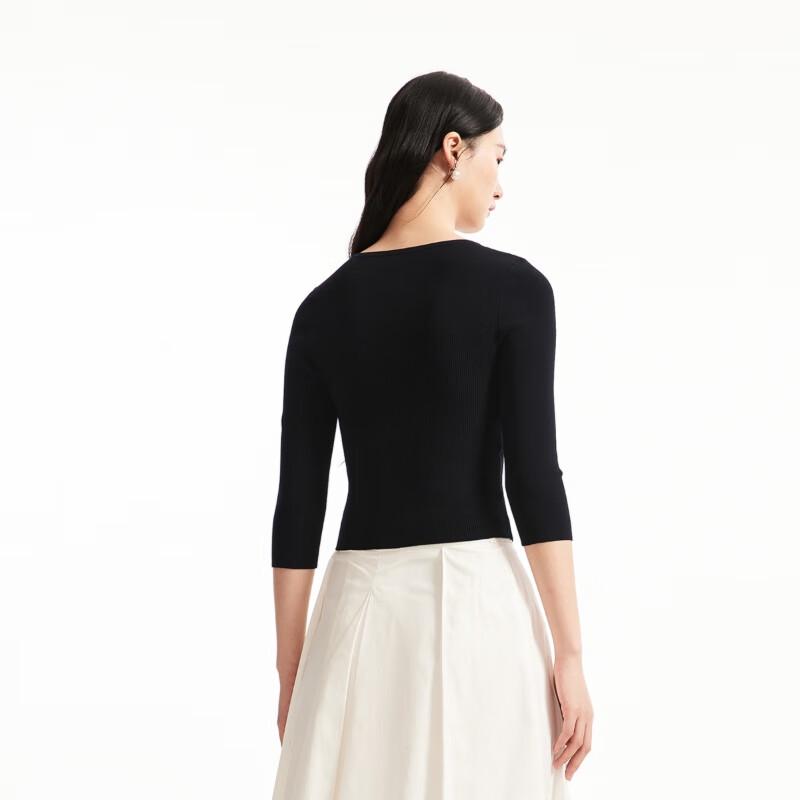 VEROMODA Women's Ribbed Round Neck Seven-Quarter Sleeve Knit Top