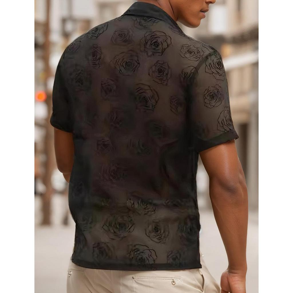 Men's Rose Floral Mesh Sheer Button Short-sleeved Shirt