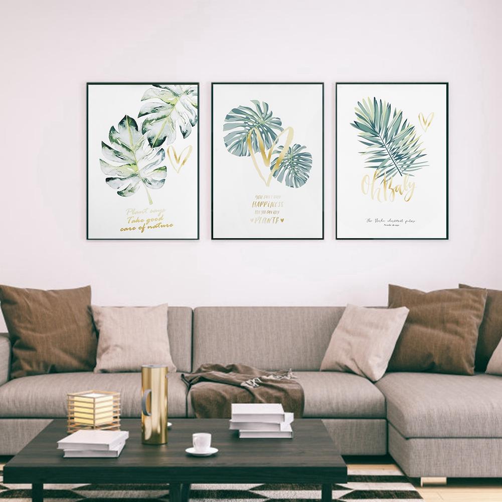 3 Pezzi Stile Nordico Semplicemente Piante Verdi Foglie con Lettere Arte da Parete Pittura su Tela Nucleo Decorativo