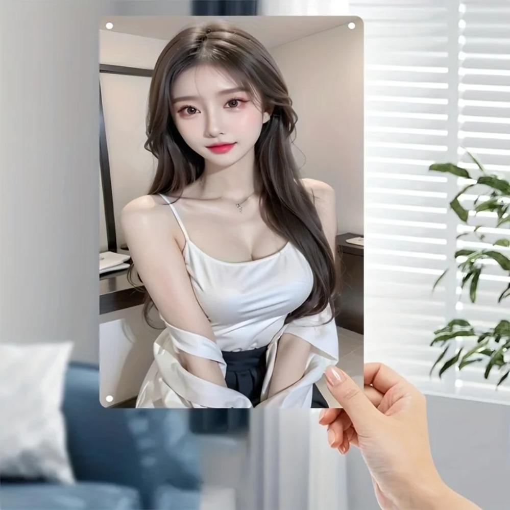 Hisun Tin Sign HD Metal Tin Sign Stunning Asian Beauty in White Satin Cami Top Vintage Poster Elegant Daily Style Wall Art Decor for Home Bar