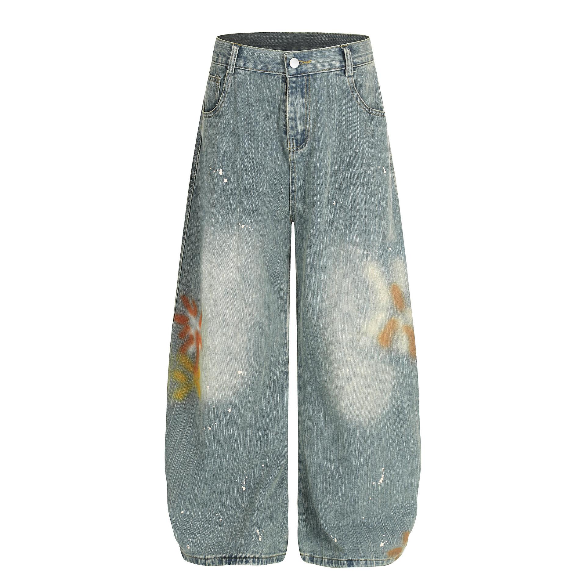 Men s autumn American = retro washed jeans men s vibe scimitar wide-leg pants S