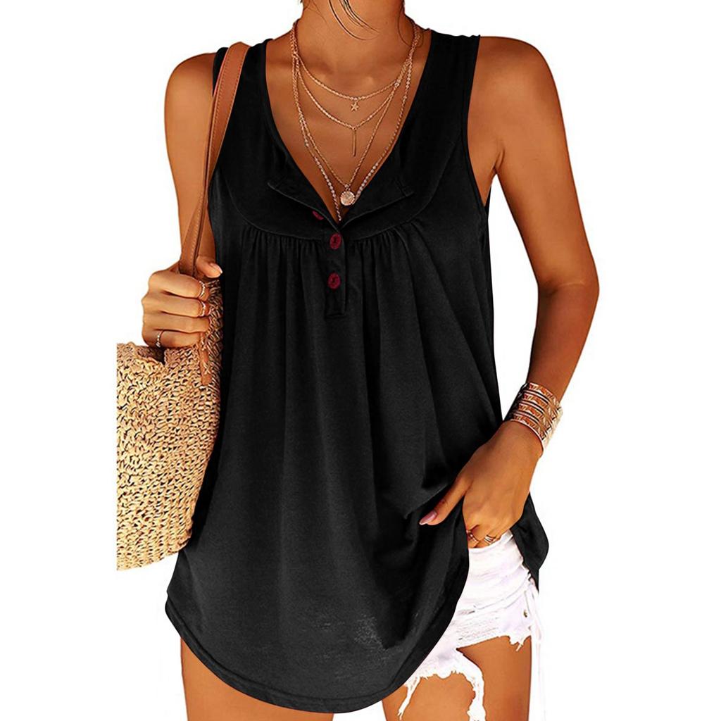 Women's Fashion Casual Loose Pleated Button Sleeveless Vest Tank Top