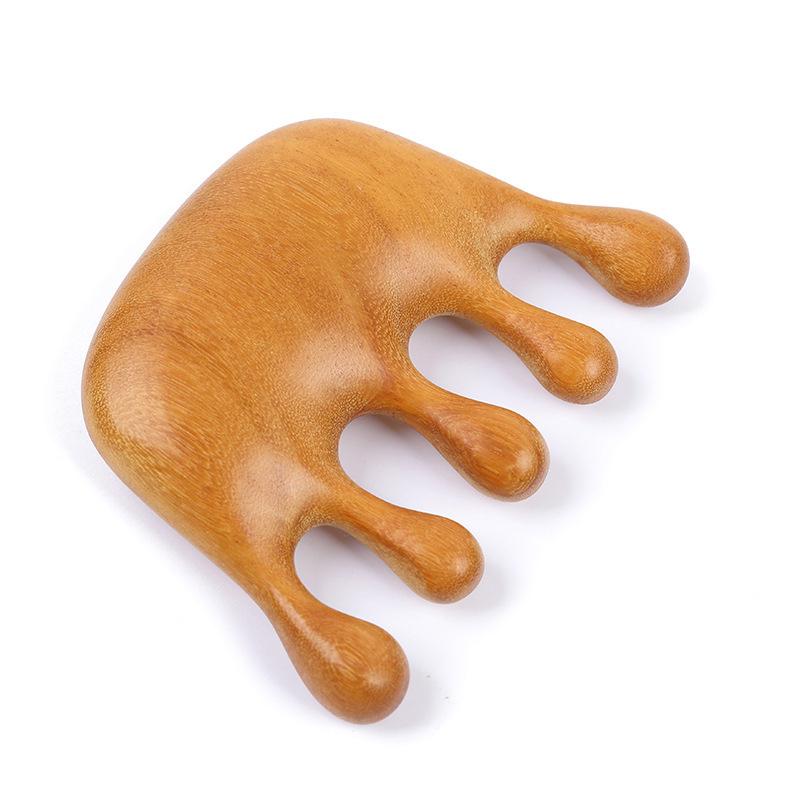 

Неокрашенная расческа для массажа из желтого сандалового дерева - Деревянная меридианная расческа с большой круглой головкой и дизайном «пять пальцев».