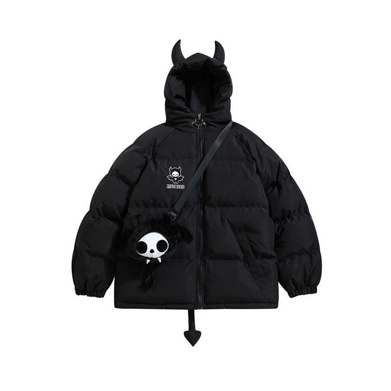

Готический утепленный парки куртка хип-хоп Devil Horns Wing Парная куртка с капюшоном Уличная одежда Пальто Зимняя одежда S ясень черный