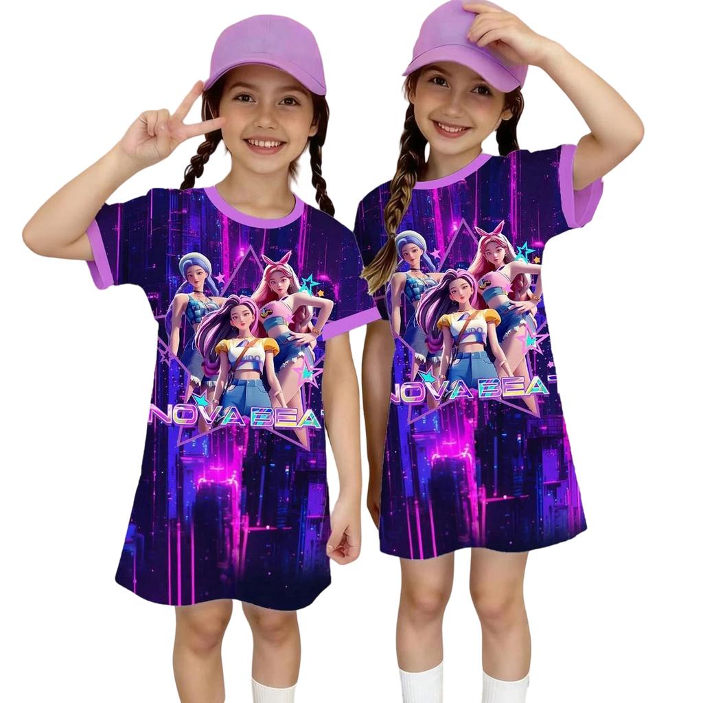 Girls Print Casual Dress Kids Loose Round Neck Short Sleeve Thin Sundress