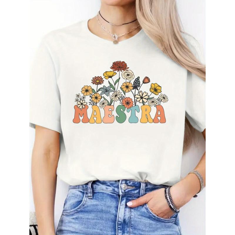 Spanish Alphabet Print Spring and Summer Casual T-Shirt Round Neck Short-Sleeved Sports T-Shirt Women'S Top