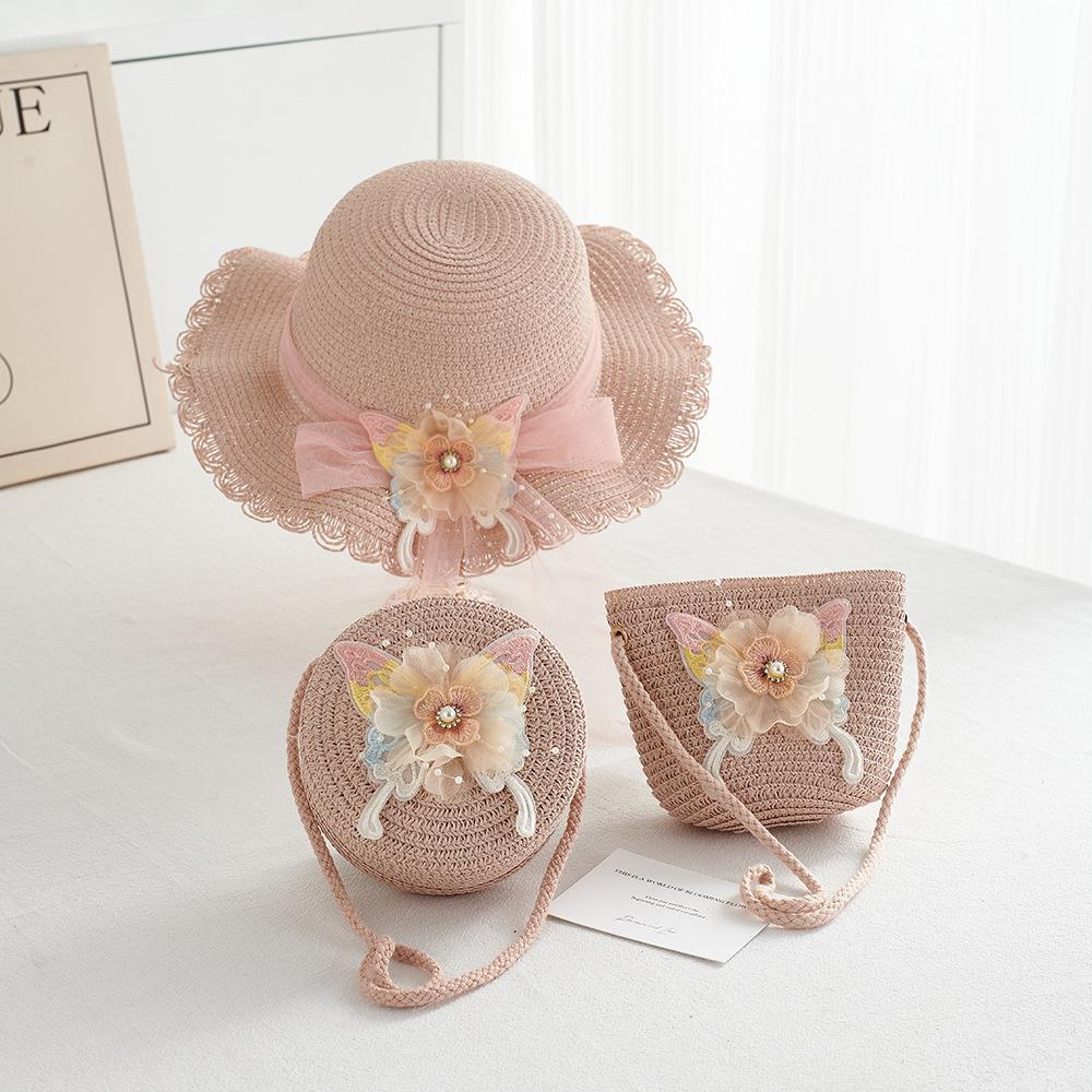 Girl Summer Straw Sun Hat And Bag 2pcs/set Breathable Wide Brim Beach Cap Children Girls Bucket Hat for Sun Protection