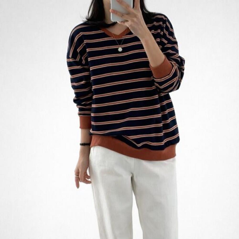 Mizqz Women Striped V Neck Color Block Loose Fit Sweatshirt