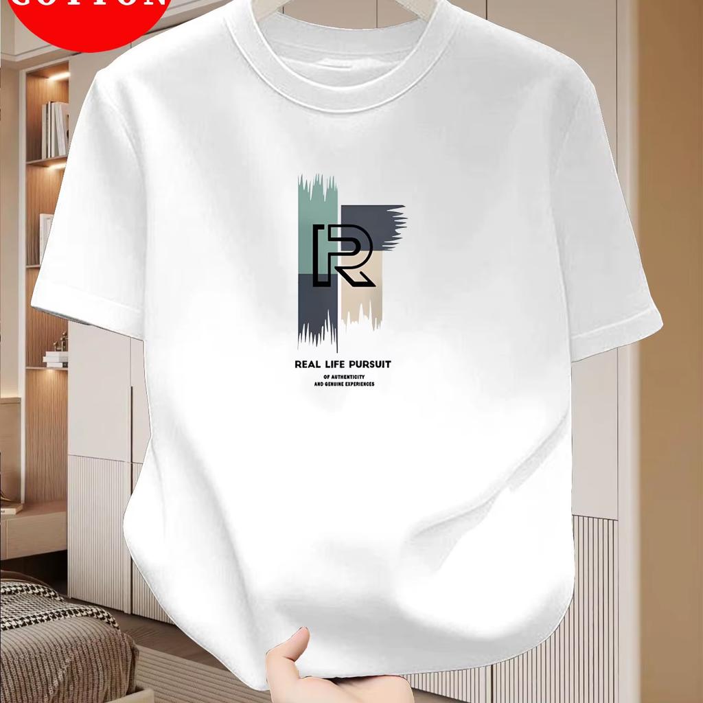 Unisexs 100 Pure Cotton Casual Loose Modern Abstract Letter And At Time Pattern Printed Round Neck Short Sleeved TShirt Top