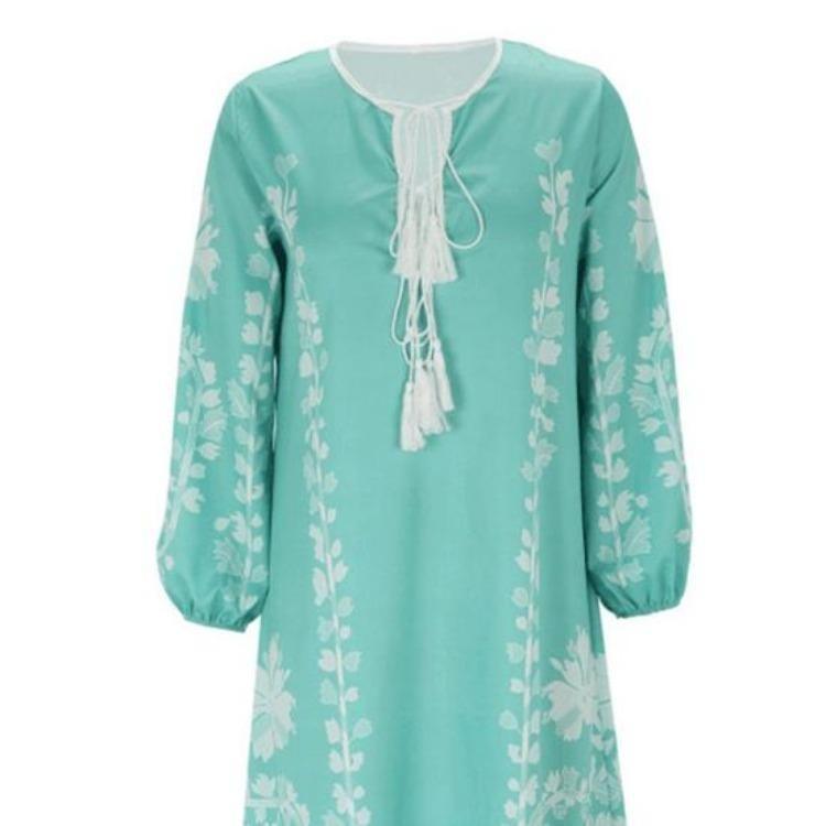 Women Summer Bohemian Floral Print Maxi Dress Deep V Neck Long Sleeve Oversized A Line Flowy Hem Retro Beach Vacation Tassel Dress