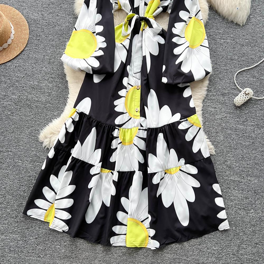 Chic Vintage Sexy Buttonn Ruched  Print Slim Elegant Fairy Summer  Korean Fashion Boho Sundress Women Clothing Long Dress