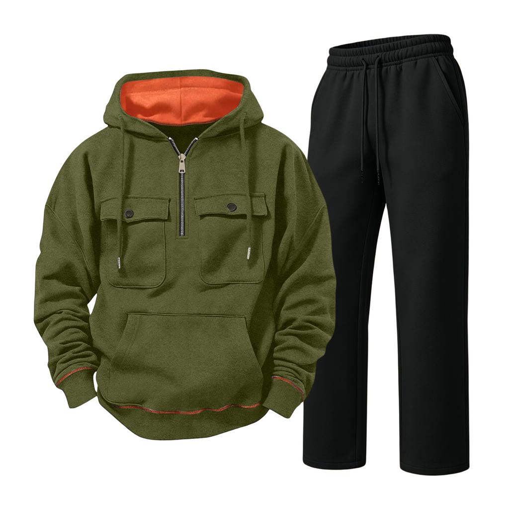 Men's Lined Hooded Sweatsuit Set with Straight Leg Black Pants, Casual Loose Fit for Fall Winter