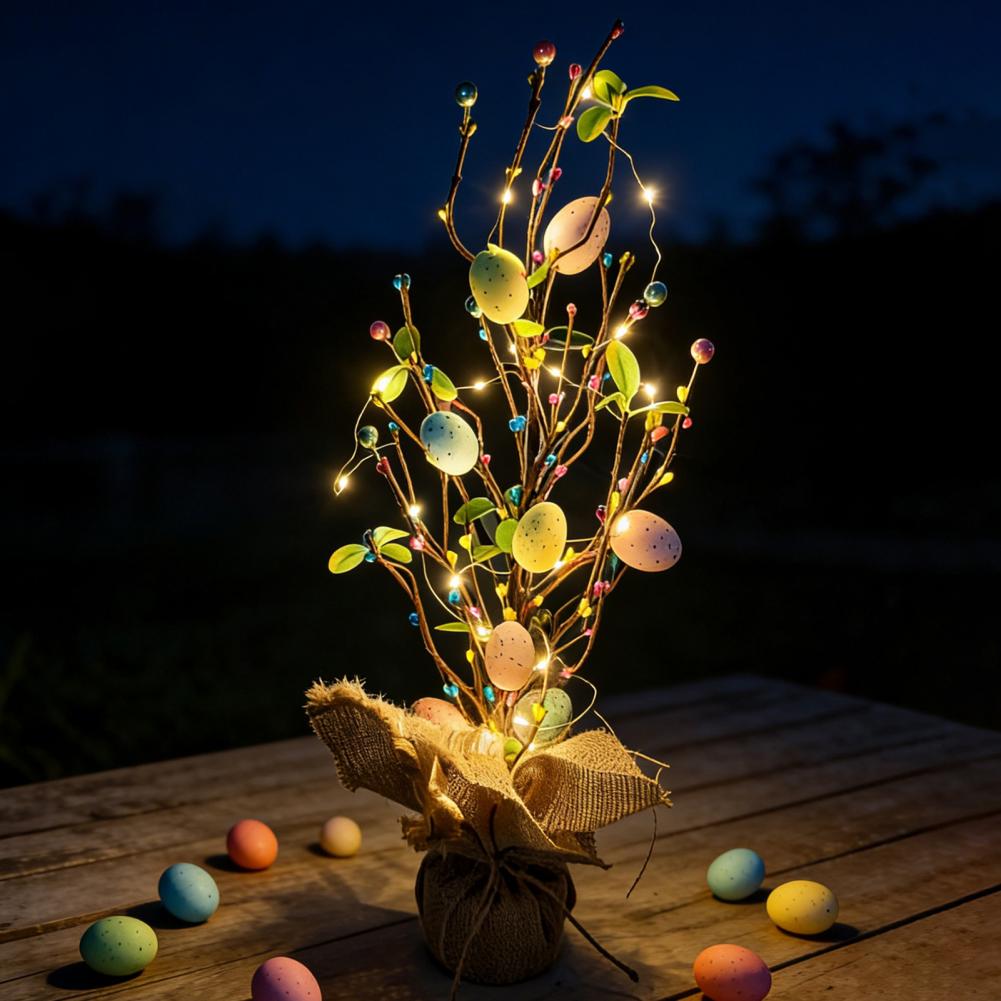 Potted Easter Plant Easter Egg Decoration Easter Egg Tree with Led Lights Spring Holiday Centerpiece Artificial Egg Decoration