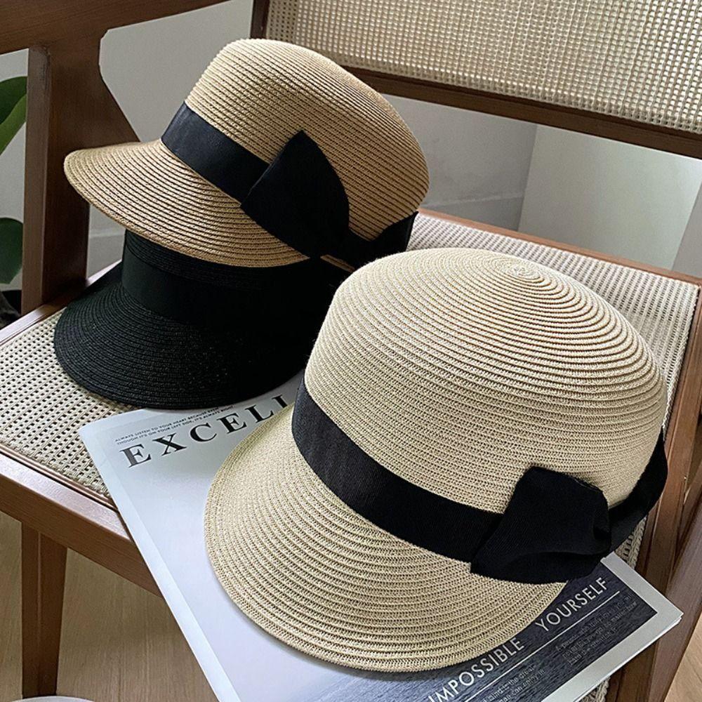 Summer Woven Straw Cap Elegant Equestrian Hat Retro Bow Straw Cap  Vacation