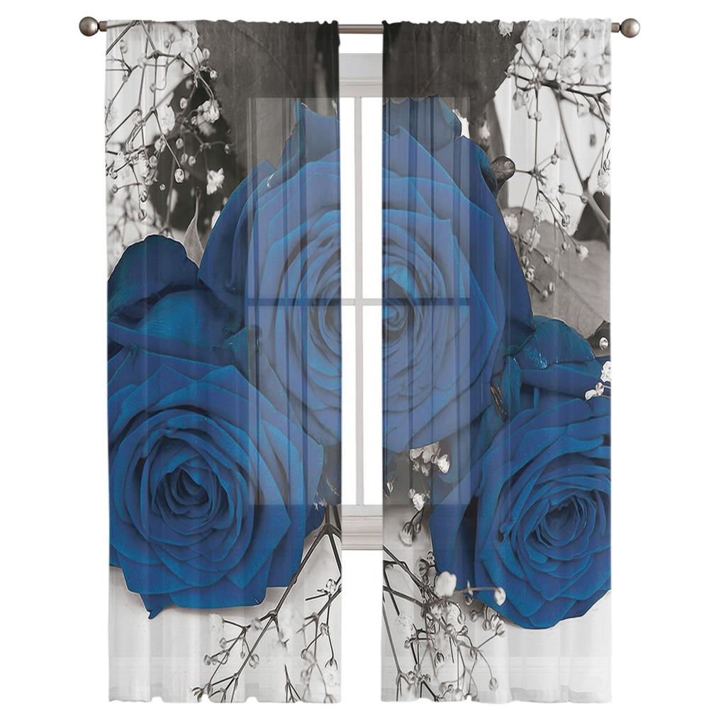 Blue Rose Flower Tulle Curtains for Living Room Printed Sheer Voile Curtain Bedroom Window Screening Drapes Blinds Home Decor