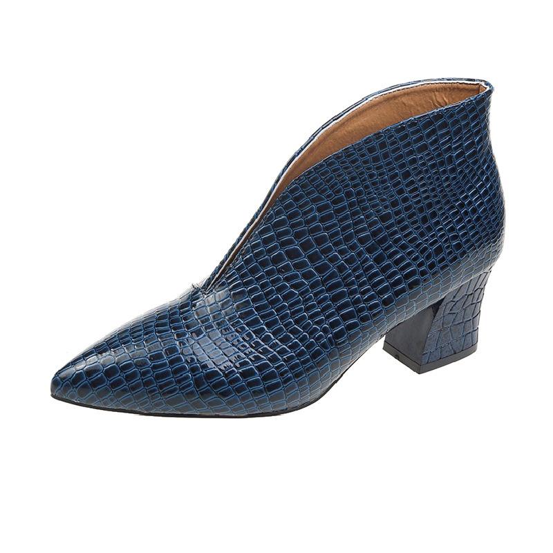 V-mouth short women's autumn and winter new European and American fashion pointed embossed thick heel Martin Women's
