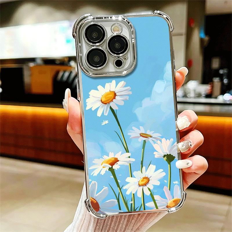 Daisy Flowers Aesthetics Plating Phone Case For Iphone 16 17 Pro Max Air 16E 14 15 Plus 12 13 Mini Anti-Fall Airabag Cover