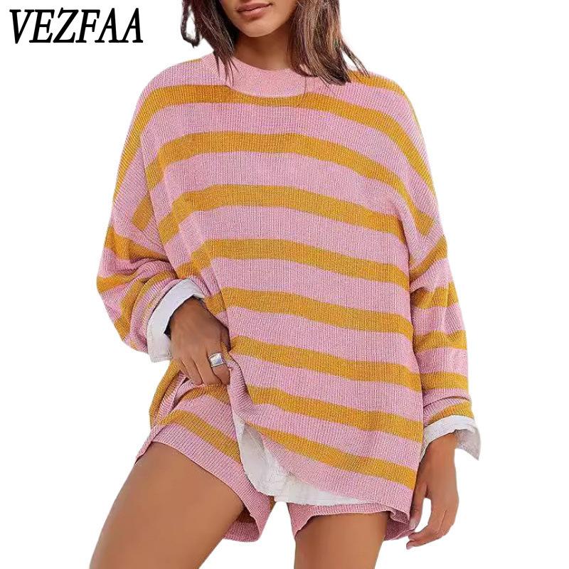 VEZFAA Women's Fashion Casual Stripe Print Spring Autumn Long Sleeve O-Neck Trousers Pants Suits
