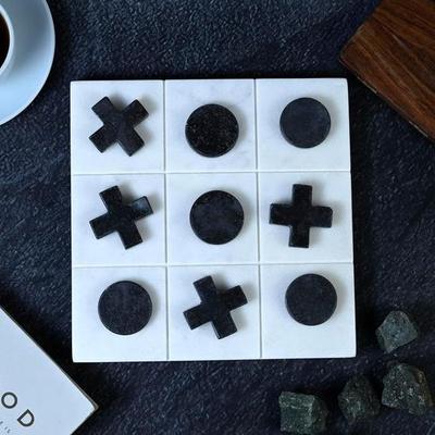 Crocon Marble Tic Tac Toe Game Set for Children Kids Senior White Board Tic Tac with Black Zero & Cross for Good Playing Size 18x18 Cm