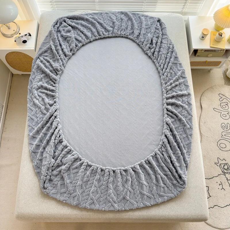 Flannel Sheets Fashion Solid Color Jacquard Comfortable Soft Elastic Bedspread Coral Fleece Fluffy Fitted Bed Sheets for Bed