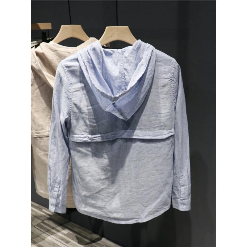 Camicia con Cappuccio a Righe in Lino da Uomo Casual a Maniche Lunghe Traspirante con Bottoni
