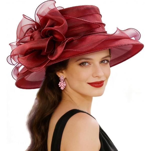 DRESHOW Damen Organza Hut Kirchenkappe Hüte Ausverkauf Kentucky Derby Cocktail Teeparty Hochzeit Blumenhut mit breiter Krempe