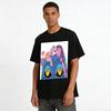 Cute Girl Lying On Giant Blue Cat Print Casual Top Trendy Cartoon Style Tee For Teens Pure cotton T-shirt