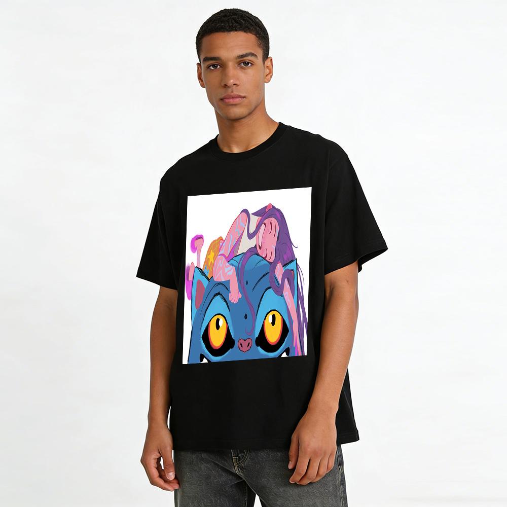 Cute Girl Lying On Giant Blue Cat Print Casual Top Trendy Cartoon Style Tee For Teens Pure cotton T-shirt