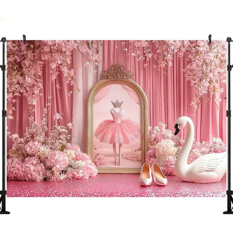 LS Fotografie Hintergrund Ballettschläppchen Schwan Rosa Vorhänge Dekoration Mädchen Prinzessin Geburtstagsparty Cake Smash Foto Kulisse Studio