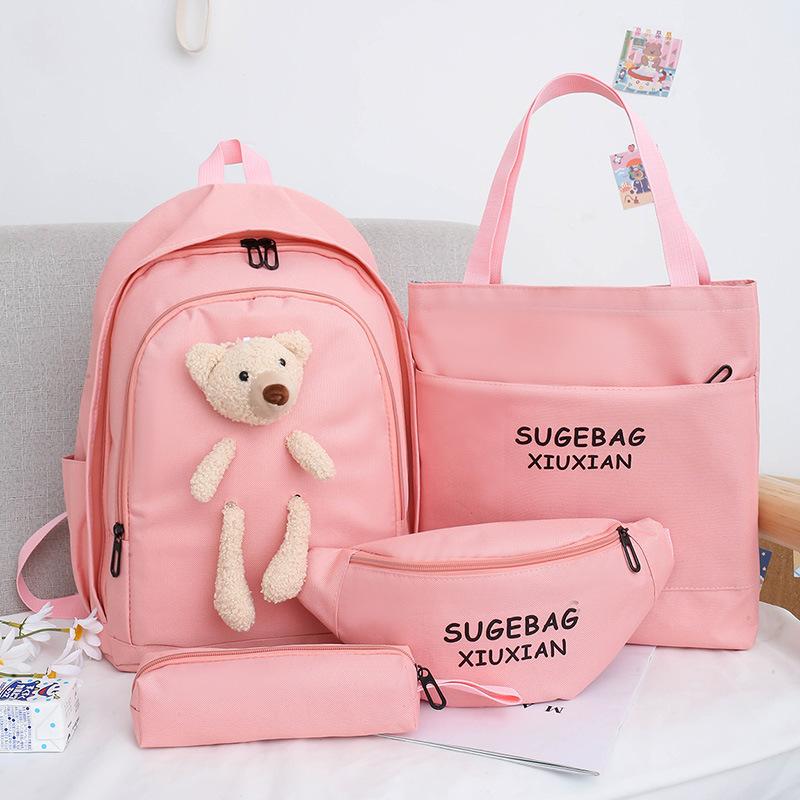 Female Junior High School College Students Four-piece School Bags Korean Version Harajuku Style Backpack Ins Knapsack with Bumbag Pen Bag